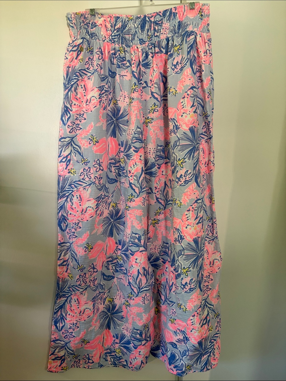 Lilly Pulitzer Enzo size Large neon coral and blue wide leg cover up pants EUC